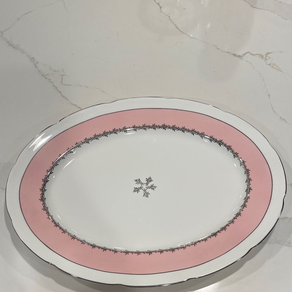 EB Foley “Pink Coral” Bone China Oval Serving Platter with Silver Rim